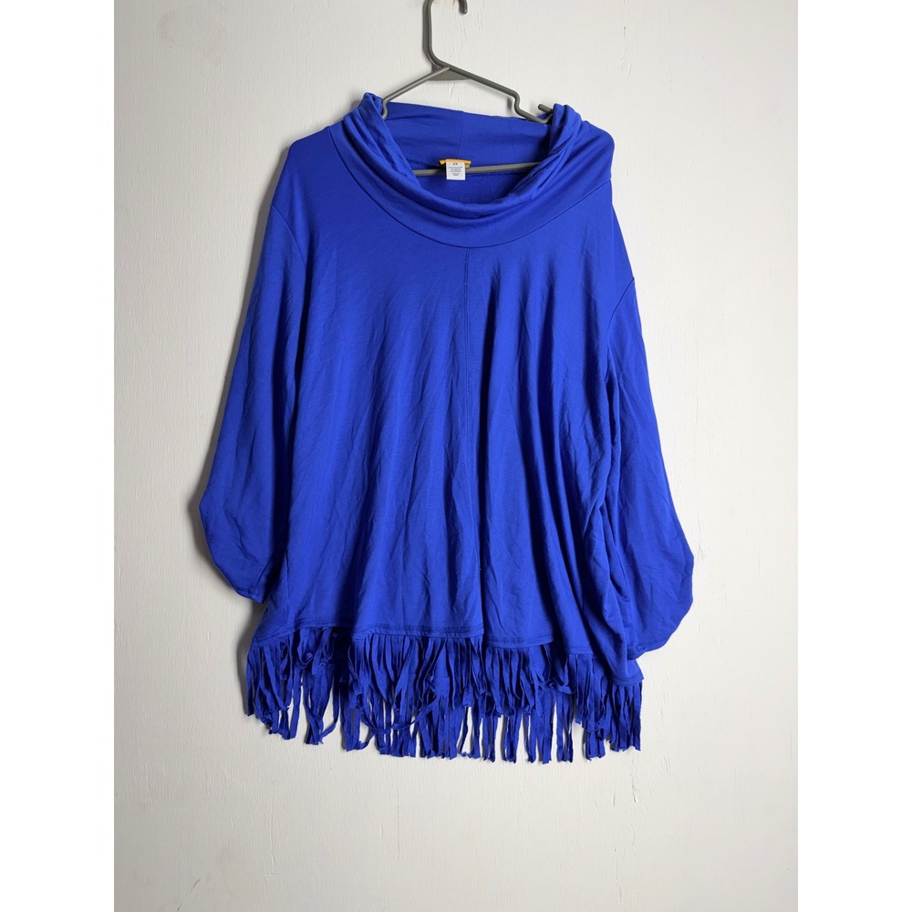 Ruby Rd Woman Royal Blue Fringe Cowl Neck Top Plus Size 2X Roll Tab Sleeve Tunic